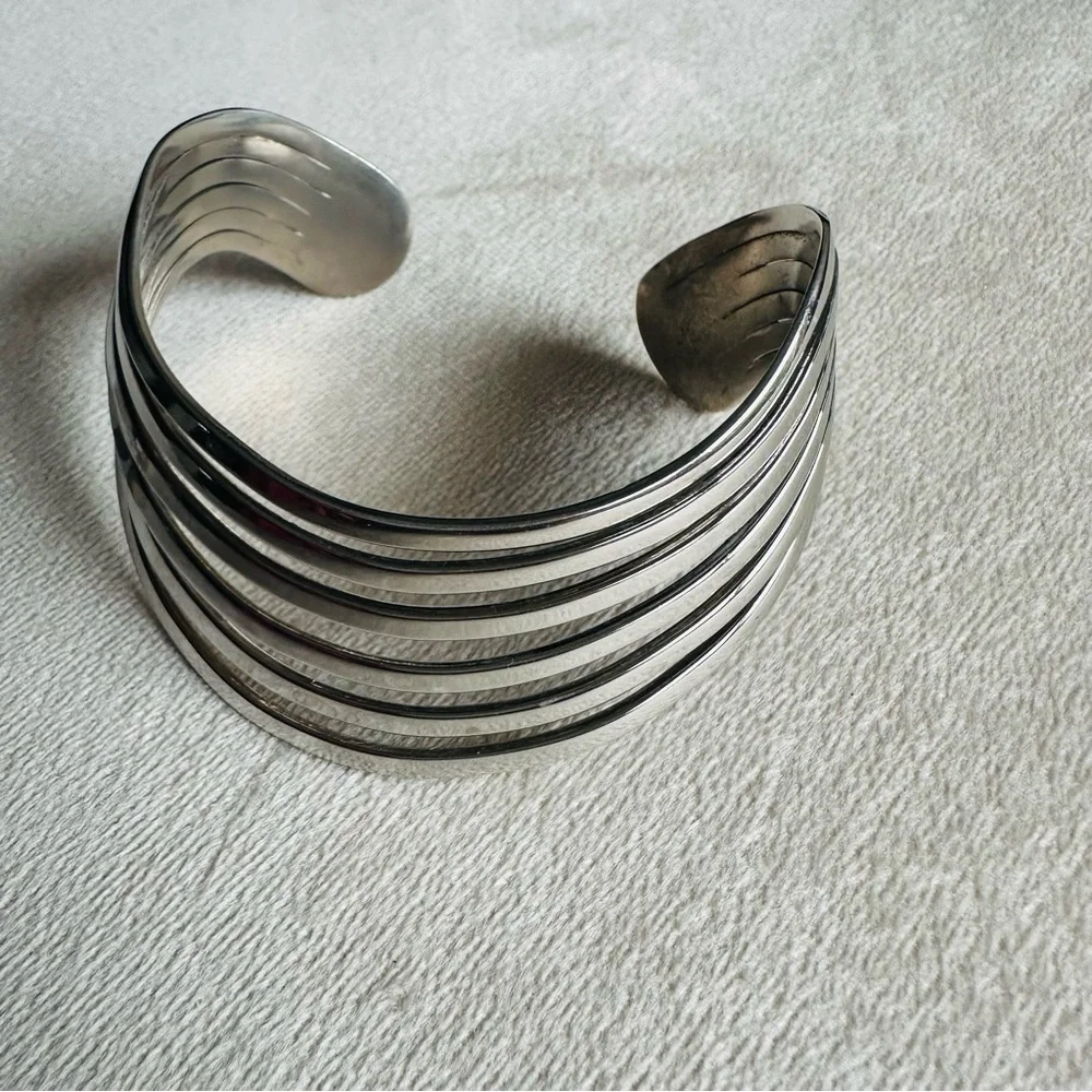 Silver Multi-Strand Open Cuff Bracelet | Wide Modern Statement Bangle - Picture 3 of 8